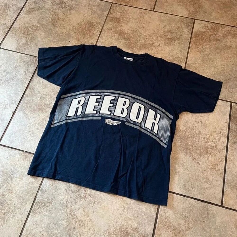 Vintage 90s Reebok Big Arc Logo Spellout T-Shirt Navy Blue Made in USA Large